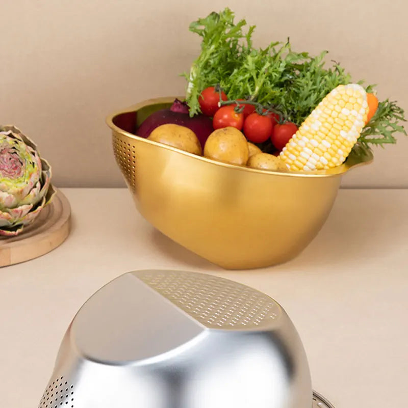 3-in-1 Stainless Steel Rice Washing & Strainer Bowl with Side Drainer