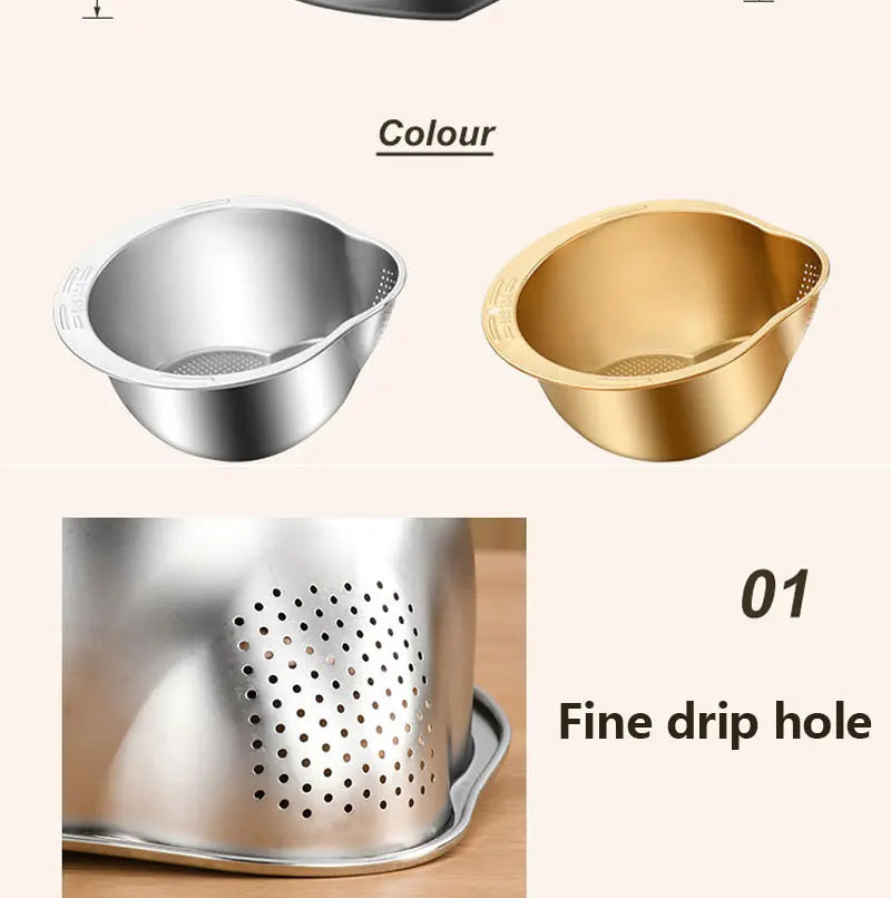 3-in-1 Stainless Steel Rice Washing & Strainer Bowl with Side Drainer
