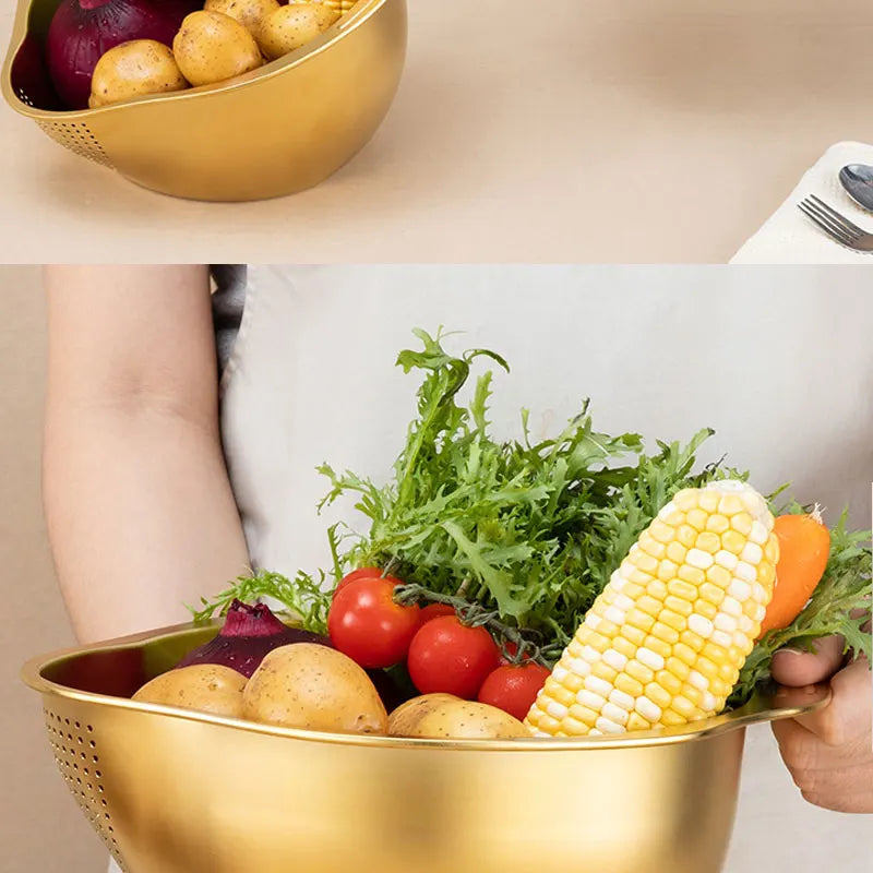 3-in-1 Stainless Steel Rice Washing & Strainer Bowl with Side Drainer