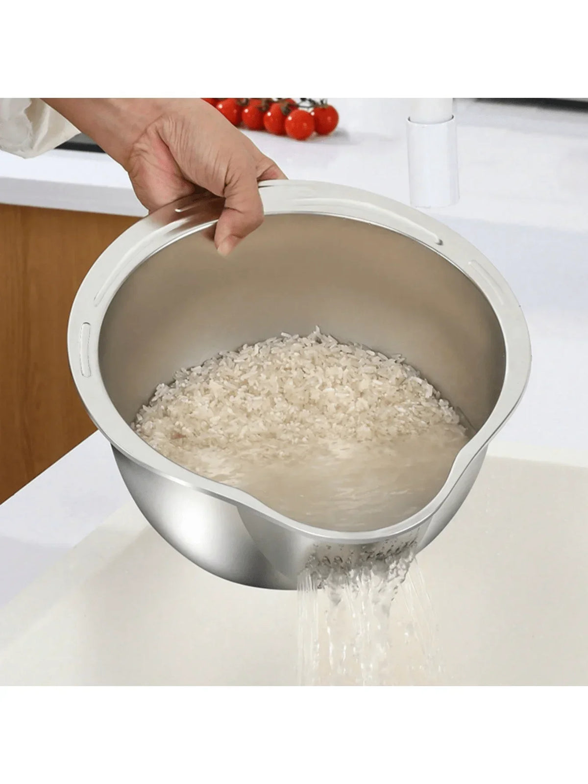 3-in-1 Stainless Steel Rice Washing & Strainer Bowl with Side Drainer