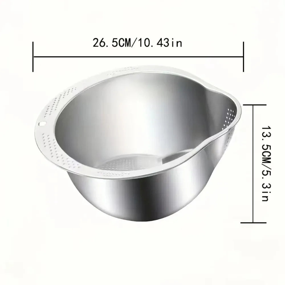 3-in-1 Stainless Steel Rice Washing & Strainer Bowl with Side Drainer