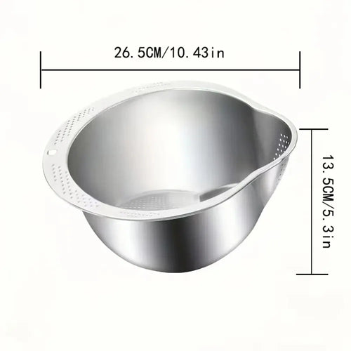 3-in-1 Stainless Steel Rice Washing & Strainer Bowl with Side Drainer