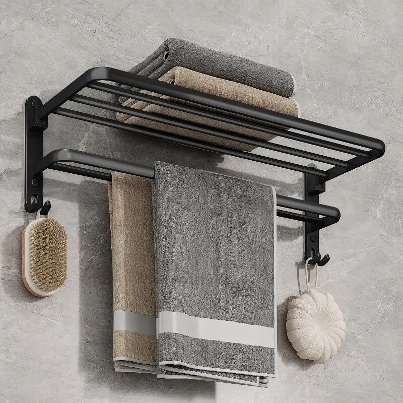 50CM Matte Black Folding Towel Rack with Hooks | Wall-Mounted Aluminum Holder