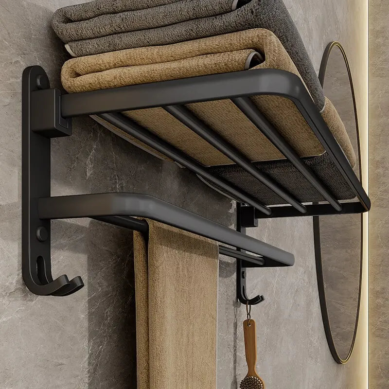 50CM Matte Black Folding Towel Rack with Hooks | Wall-Mounted Aluminum Holder