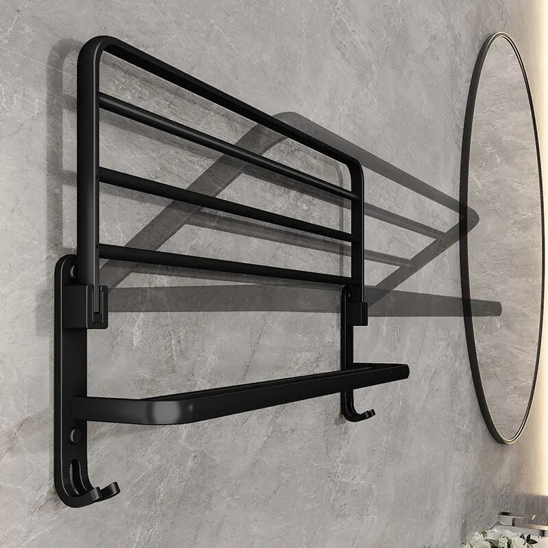 50CM Matte Black Folding Towel Rack with Hooks | Wall-Mounted Aluminum Holder