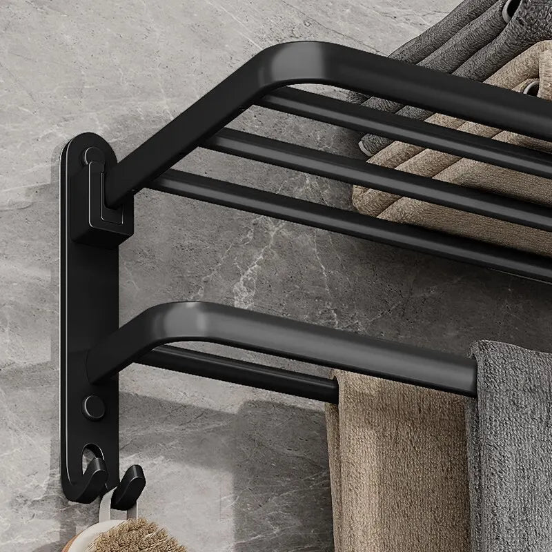50CM Matte Black Folding Towel Rack with Hooks | Wall-Mounted Aluminum Holder