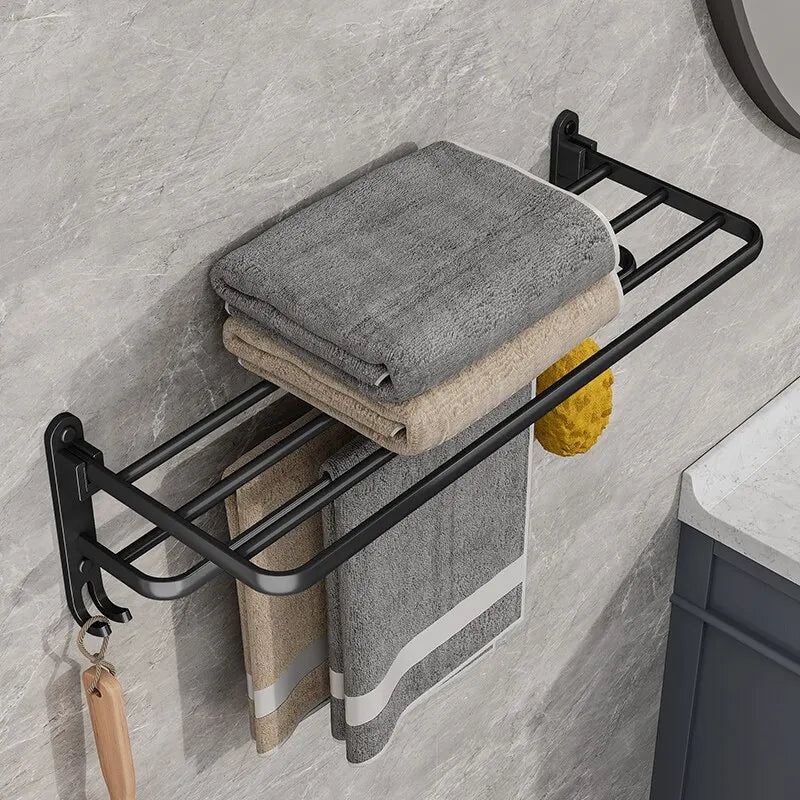 50CM Matte Black Folding Towel Rack with Hooks | Wall-Mounted Aluminum Holder