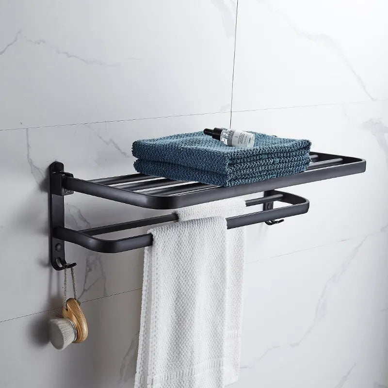 50CM Matte Black Folding Towel Rack with Hooks | Wall-Mounted Aluminum Holder