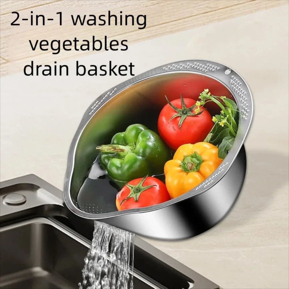 3-in-1 Stainless Steel Rice Washing & Strainer Bowl with Side Drainer