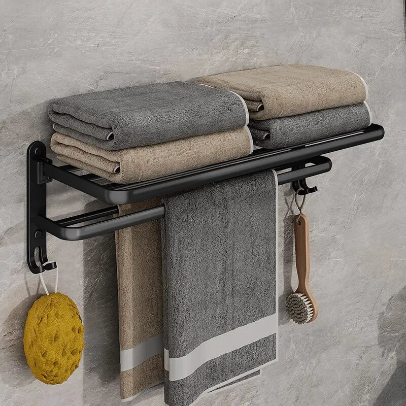 50CM Matte Black Folding Towel Rack with Hooks | Wall-Mounted Aluminum Holder