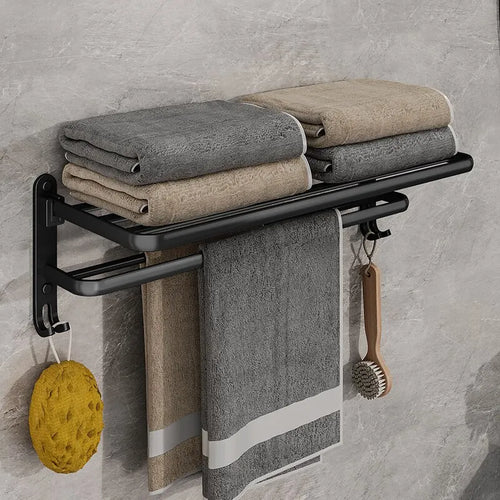 50CM Matte Black Folding Towel Rack with Hooks | Wall-Mounted Aluminum Holder