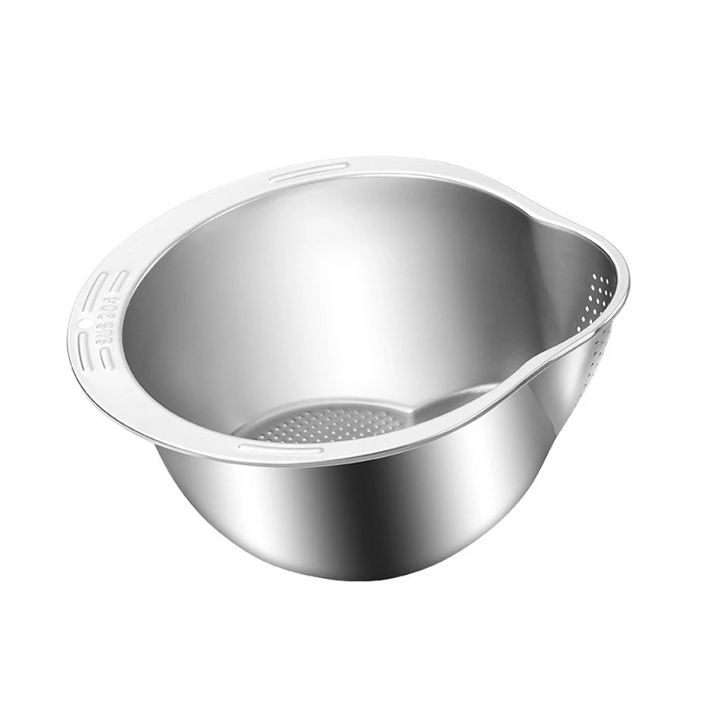 3-in-1 Stainless Steel Rice Washing & Strainer Bowl with Side Drainer