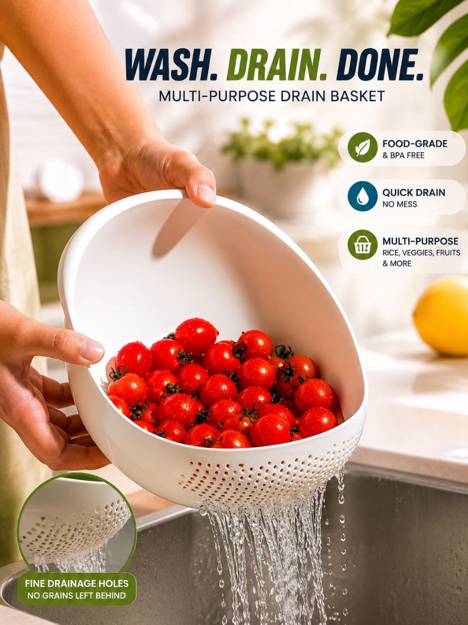 Premium Multi-Purpose Rice Washing & Drain Basket | Fruit & Vegetable Strainer