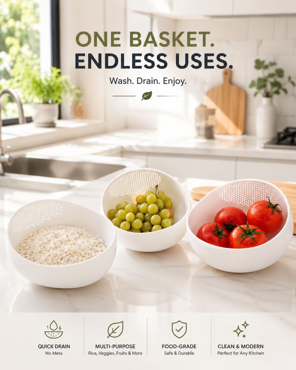 Premium Multi-Purpose Rice Washing & Drain Basket | Fruit & Vegetable Strainer