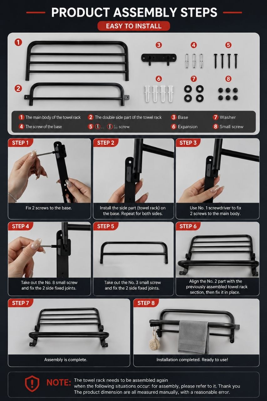 50CM Matte Black Folding Towel Rack with Hooks | Wall-Mounted Aluminum Holder