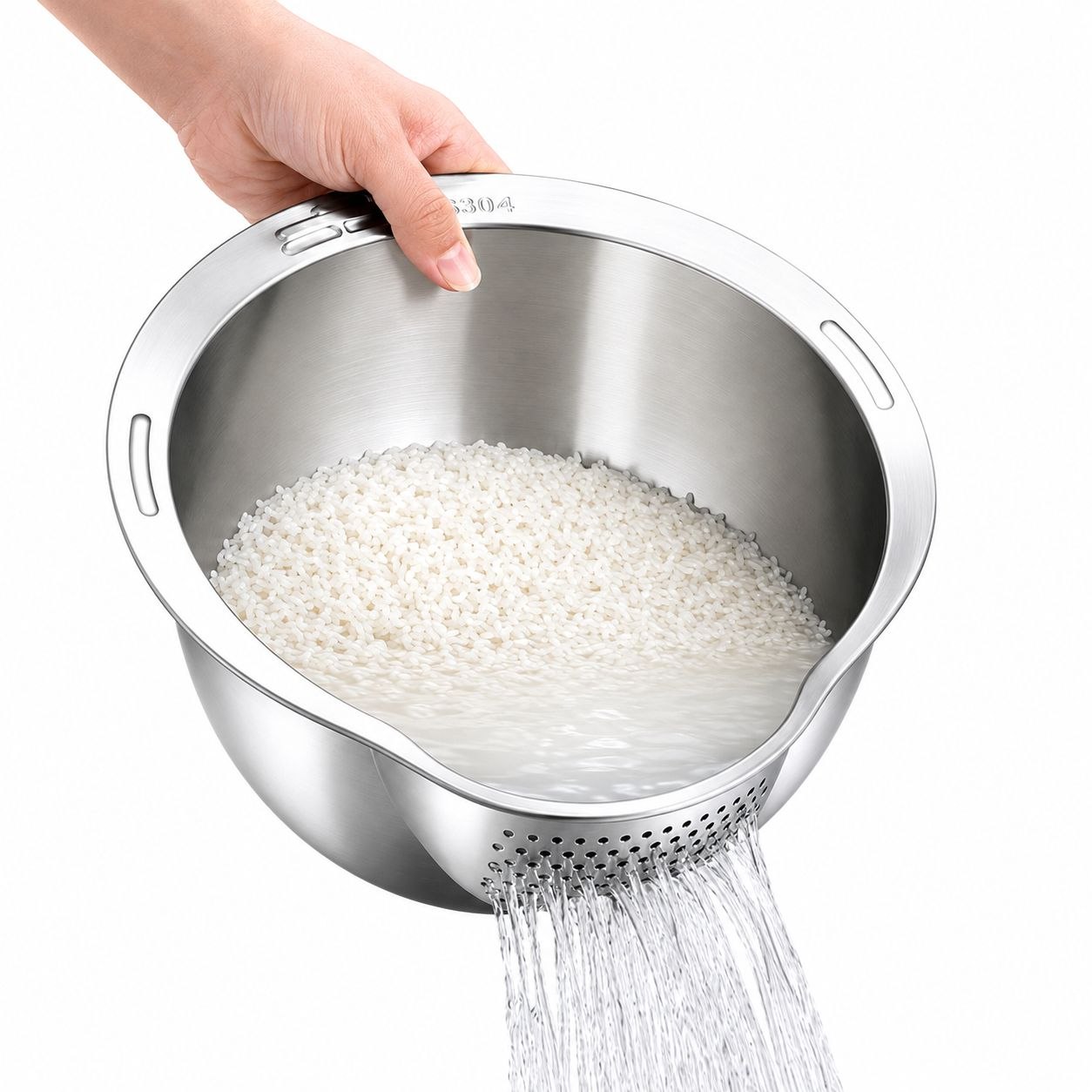 3-in-1 Stainless Steel Rice Washing & Strainer Bowl with Side Drainer