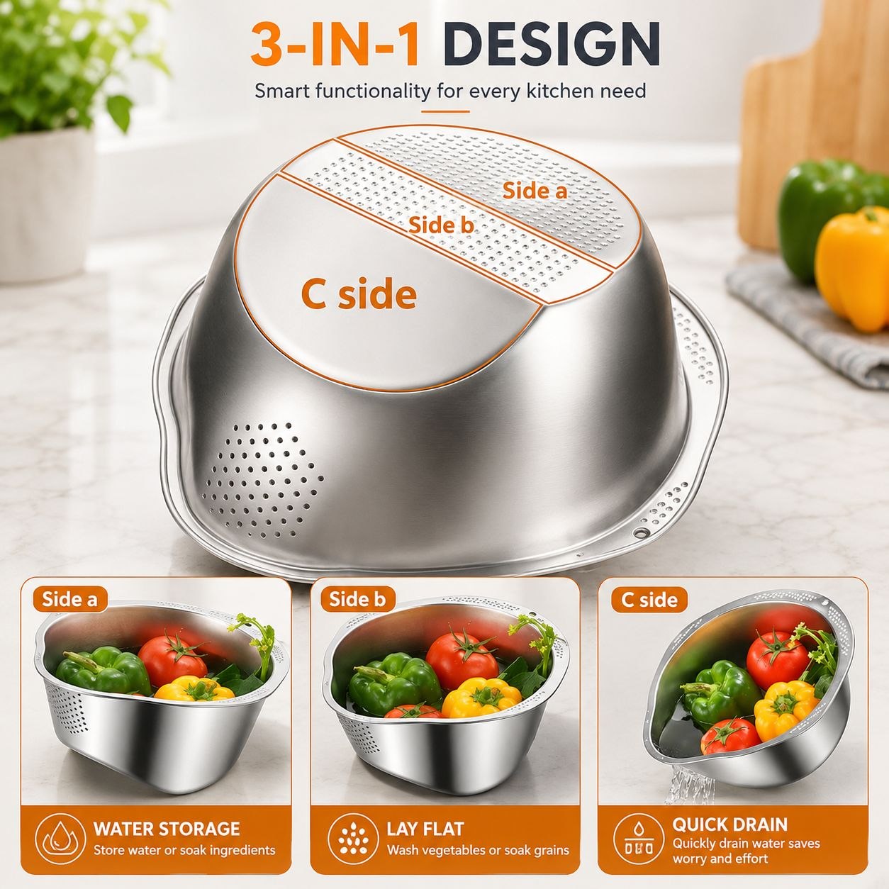 3-in-1 Stainless Steel Rice Washing & Strainer Bowl with Side Drainer