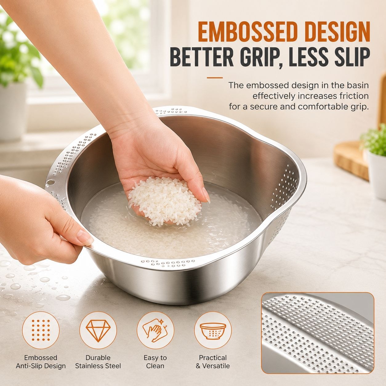 3-in-1 Stainless Steel Rice Washing & Strainer Bowl with Side Drainer