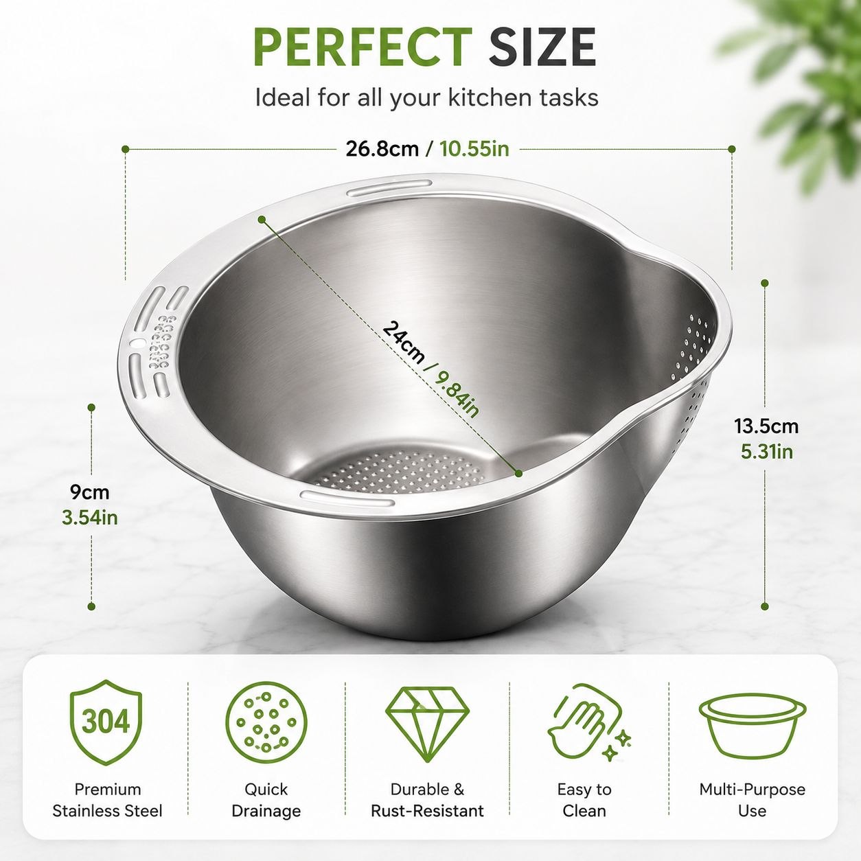 3-in-1 Stainless Steel Rice Washing & Strainer Bowl with Side Drainer
