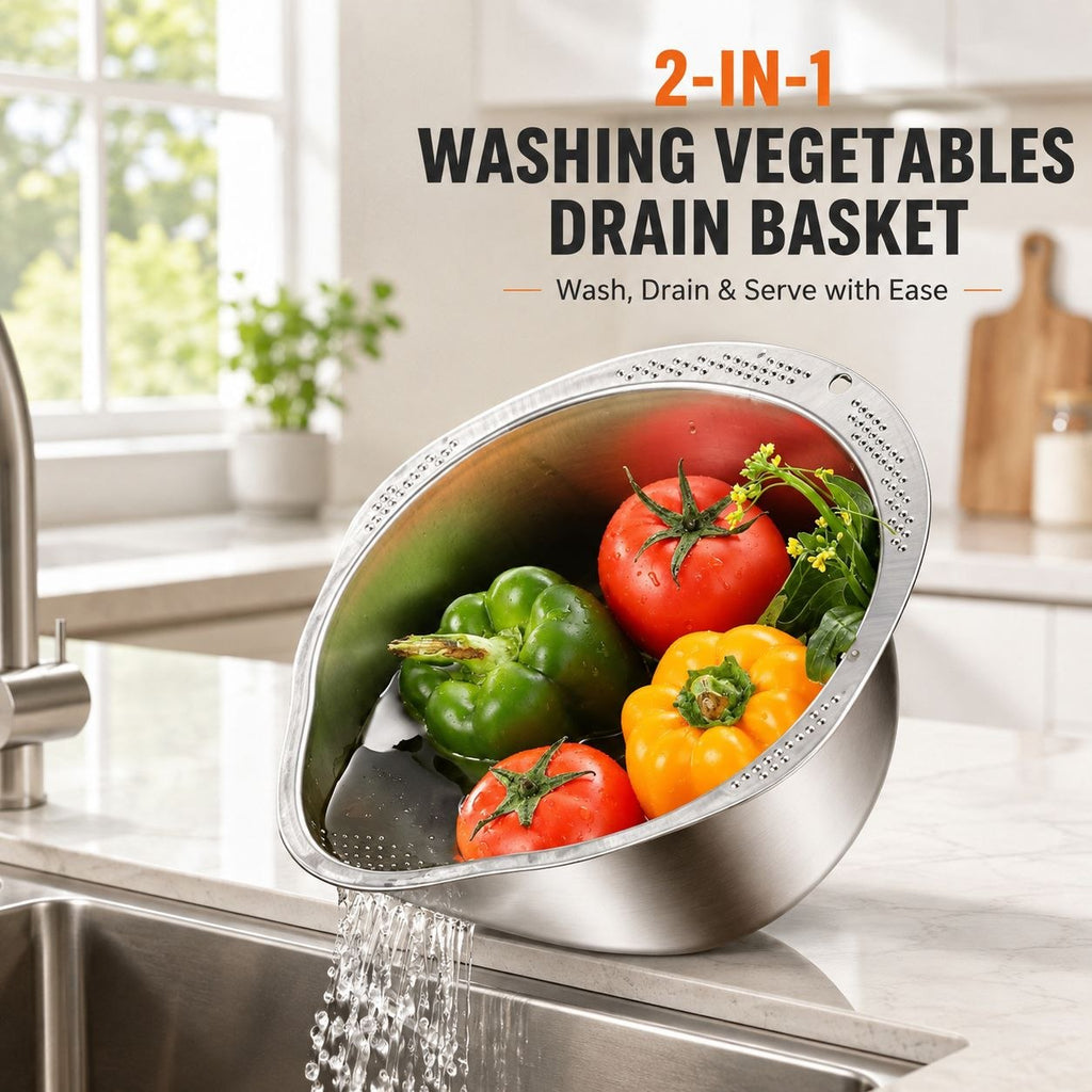 3-in-1 Stainless Steel Rice Washing & Strainer Bowl with Side Drainer