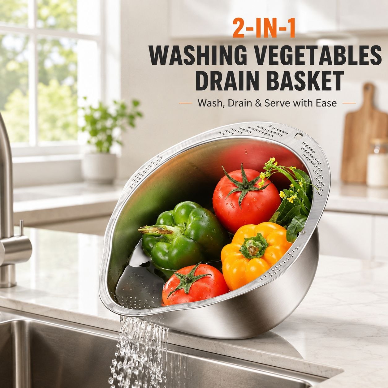 3-in-1 Stainless Steel Rice Washing & Strainer Bowl with Side Drainer