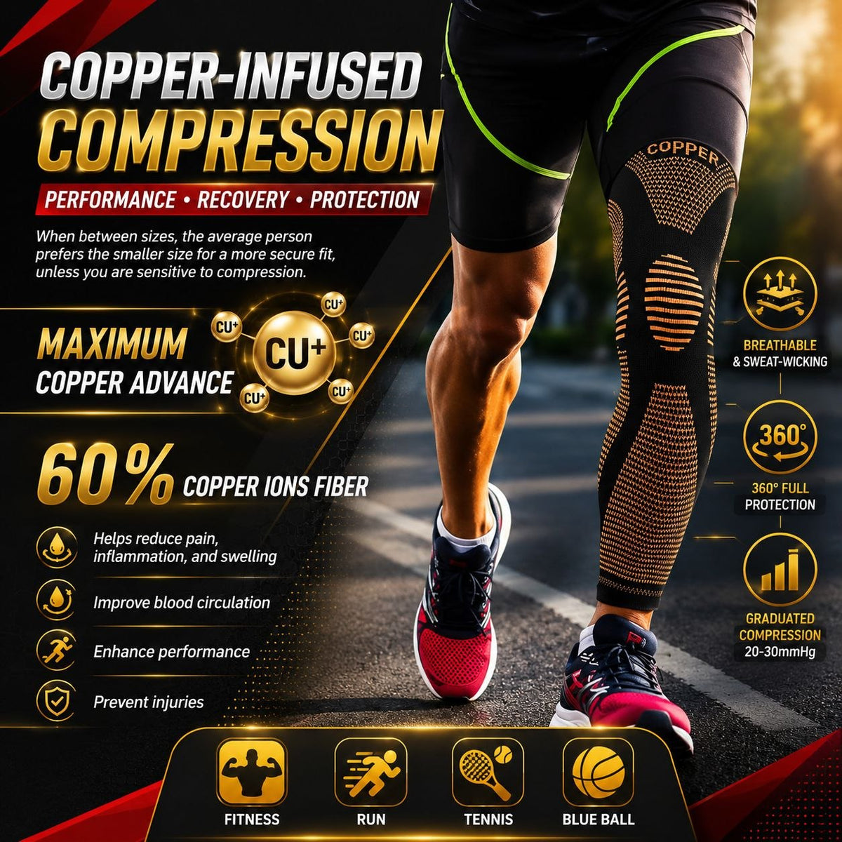 Copper Compression Leg Sleeve – Knee Support, Comfort & Breathable Fit for Men & Women